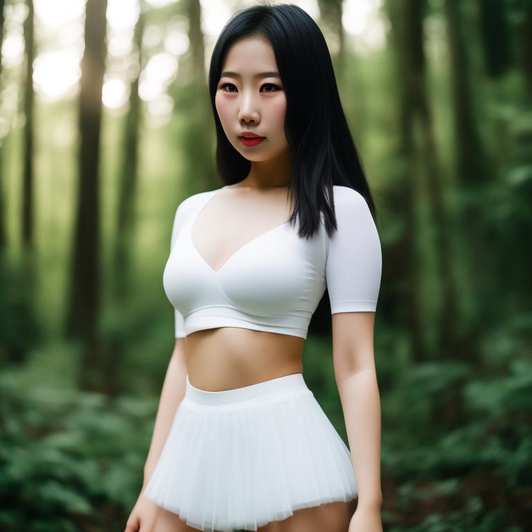 aware-moose424: asian girl in forest setting wearing white mini