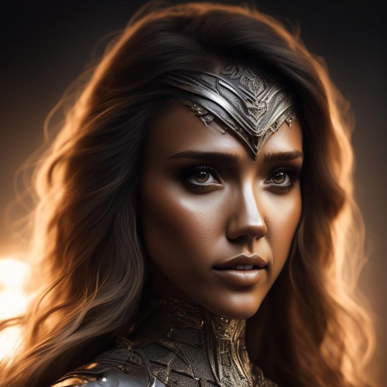 brown-okapi126: photo of female warrior(Jessica Alba Look Glamour hot)(28  years old) in skimpy metallic armor, detailed face, look beautiful, wear, warrior  metal suit, look like warrior, full body view, belly show, belly