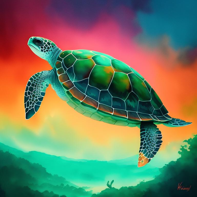 Green turtle painting with a brush on Craiyon