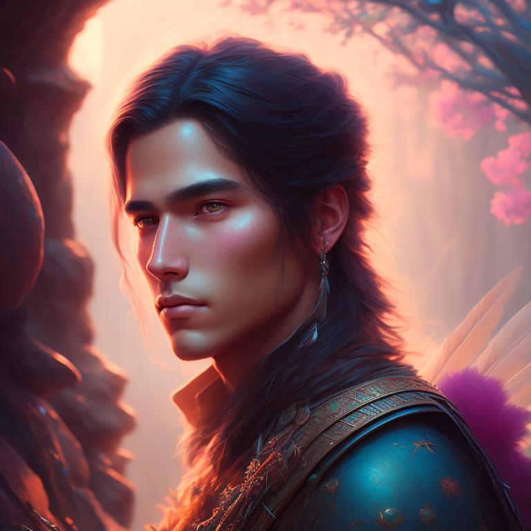 native american man, young adult, handsome, gorgeous, feathers, high cheekbones, dungeons and dragons, dnd, high fantasy, heroic fantasy, hero, action, magic, beautiful colors, soft lighting, incredibly detailed, clean, masterpiece, Soft Lighting, Intricate, Pastel colors, Digital painting, Artstation, Dreamlike, Whimsical, art by loish and sakimichan and mandy jurgens, Soft Lighting, Intricate, Pastel colors, Digital painting, Artstation, Dreamlike, Whimsical, art by loish and sakimichan and mandy jurgens.