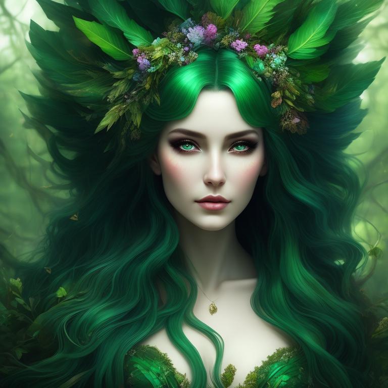 zyhzyh: a woman with green hair and flowers in her hair