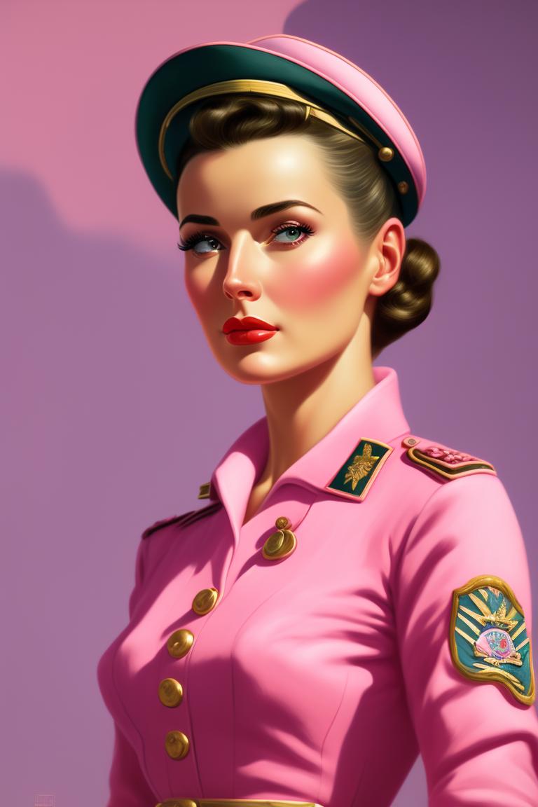 female russian officer in pink uniform, pink tank battalion in background, 1950s retro, Pastel colors, Low angle, Highly detailed, Digital painting, Artstation, Concept art, Smooth, Sharp focus, Illustration, art by olivia de berardinis, Gil Elvgren, and alberto vargas.