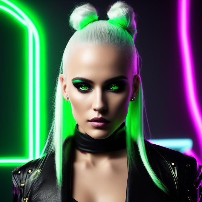 Cyberpunk white woman blonde hair in pigtails wearing black and green neon clothing gold clothes