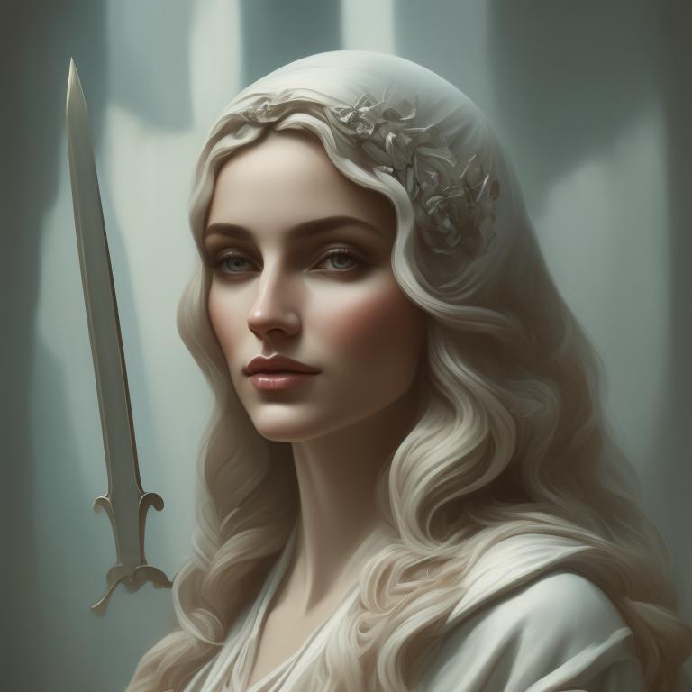 Art style of Anna Nikonova, Loish, Trending on Artstation, Washed out colors, Muted sunlight, a beautiful portrait of lady justice she is holding and dagger and the scales of justice. she is stunningly beautiful with long hair wearing a silk Grecian robe, Subtle color tones, Stylized, Digital painting, Minimal, Color outlined, Front view, Grain shading, Subtle Shading