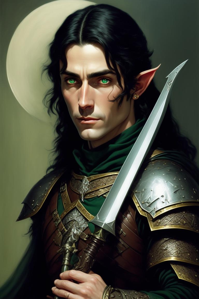 D&D portrait of, High Elf Cleric with black hair, green eyes, and a sword in half plate, fantasy d&d style, Rim lighting, perfect line quality, high pretty realistic quality oil painting, art by norman rockwell, Centered, dark outlines, perfect white balance, color grading, 16K, Dynamic pose, Sharp, Sharp edges