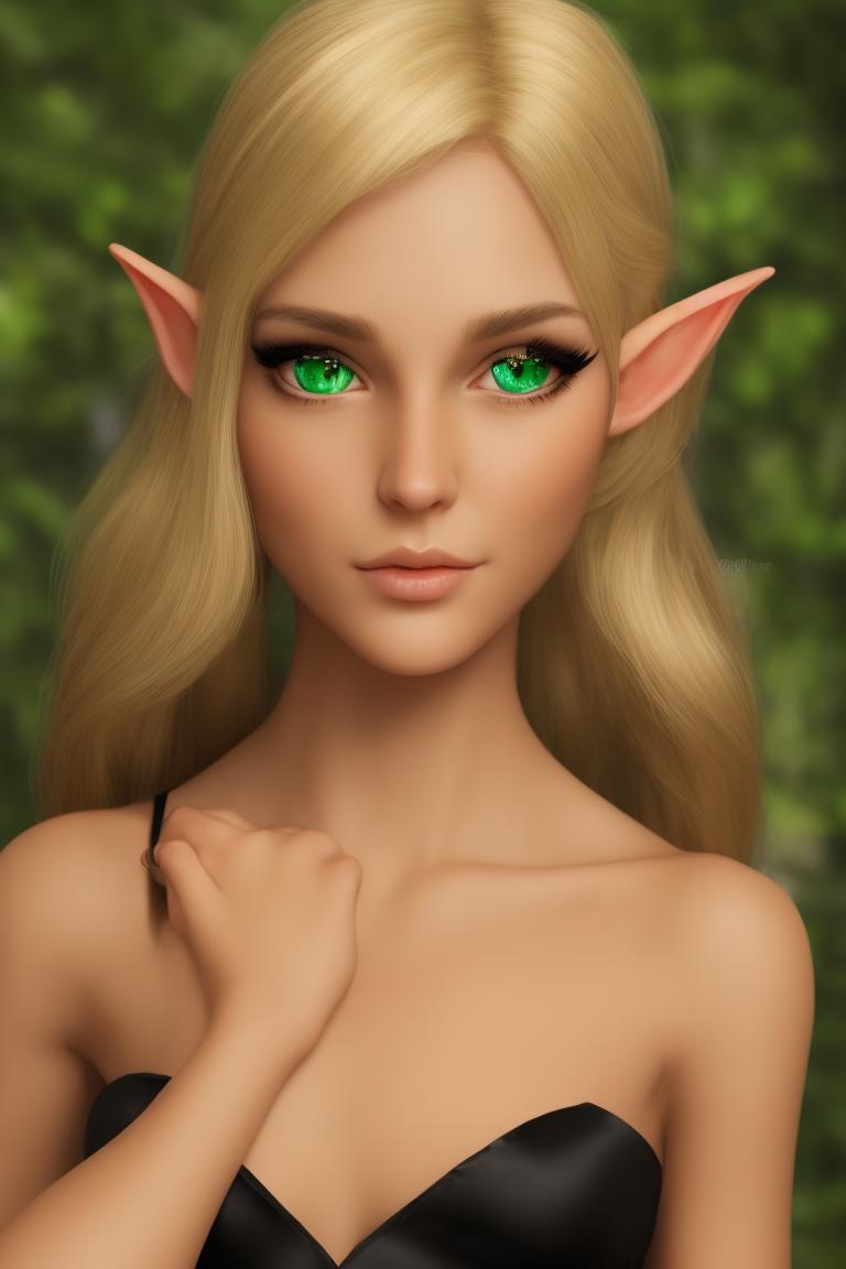 cool-meerkat445: beautiful female elf with green eyes, lightly tanned skin,  medium length blonde hair, wearing a delicate black dress