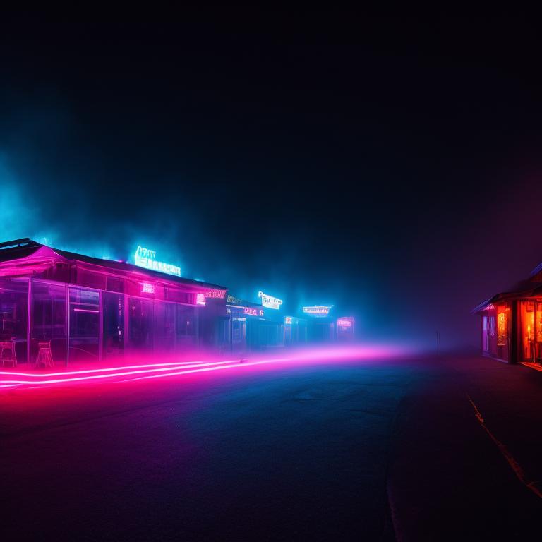 sethmillstein: a restaurant lit up with neon lights on a foggy night ...