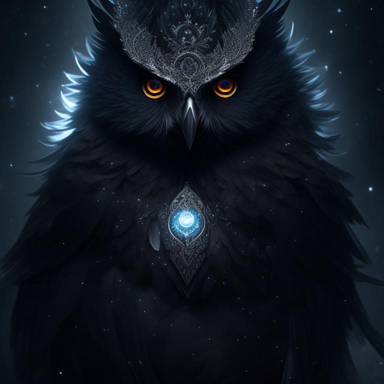 Jayahess Tall Black Owlin With Glowing Silver Eyes And Star And