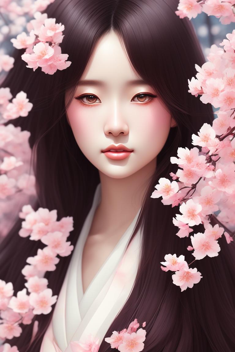 Kimono Catalog Girl: Dark Brown, against a backdrop of cherry blossom trees, Delicate, Pastel colors, Soft Lighting, traditional japanese style, fashion illustration, Intricate, Highly detailed, Art by lois van baarle and artgerm, Trending on Artstation, digital painting.