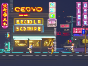 simple, Flat colors, clean png pixel art, game screenshot, (Pixel art), (((Side scroller))), Tokyo at night with neon signs and rain, 32-bit colors, (((16-bit))), Video game, in-game, decorated street, Pixel, Pixel art, 3d render