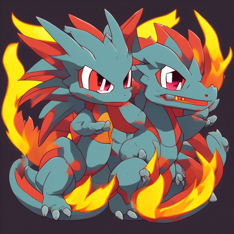 Pokemon style cute dragon, green and red color scheme, sky in the background