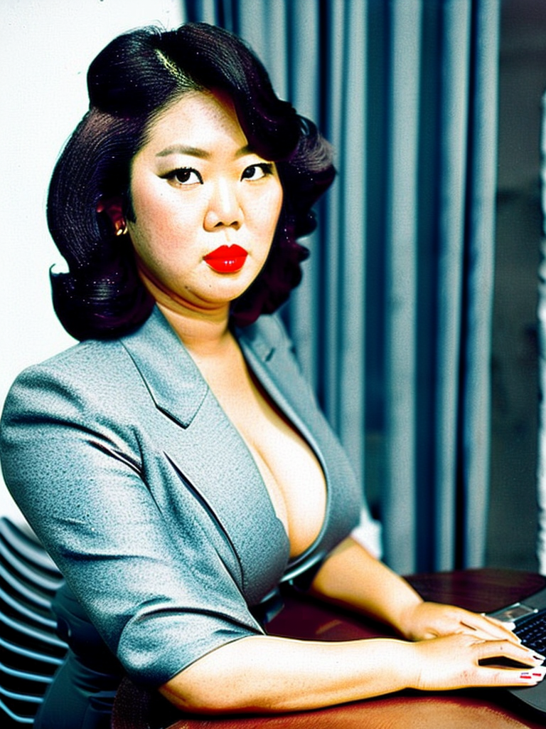 0xFGurDAO: Very Realistic Photo Of a Busty Voluptuous Japanese Lady In Her  Office Wearing Attractive Dress Showing Ample Cleavage.