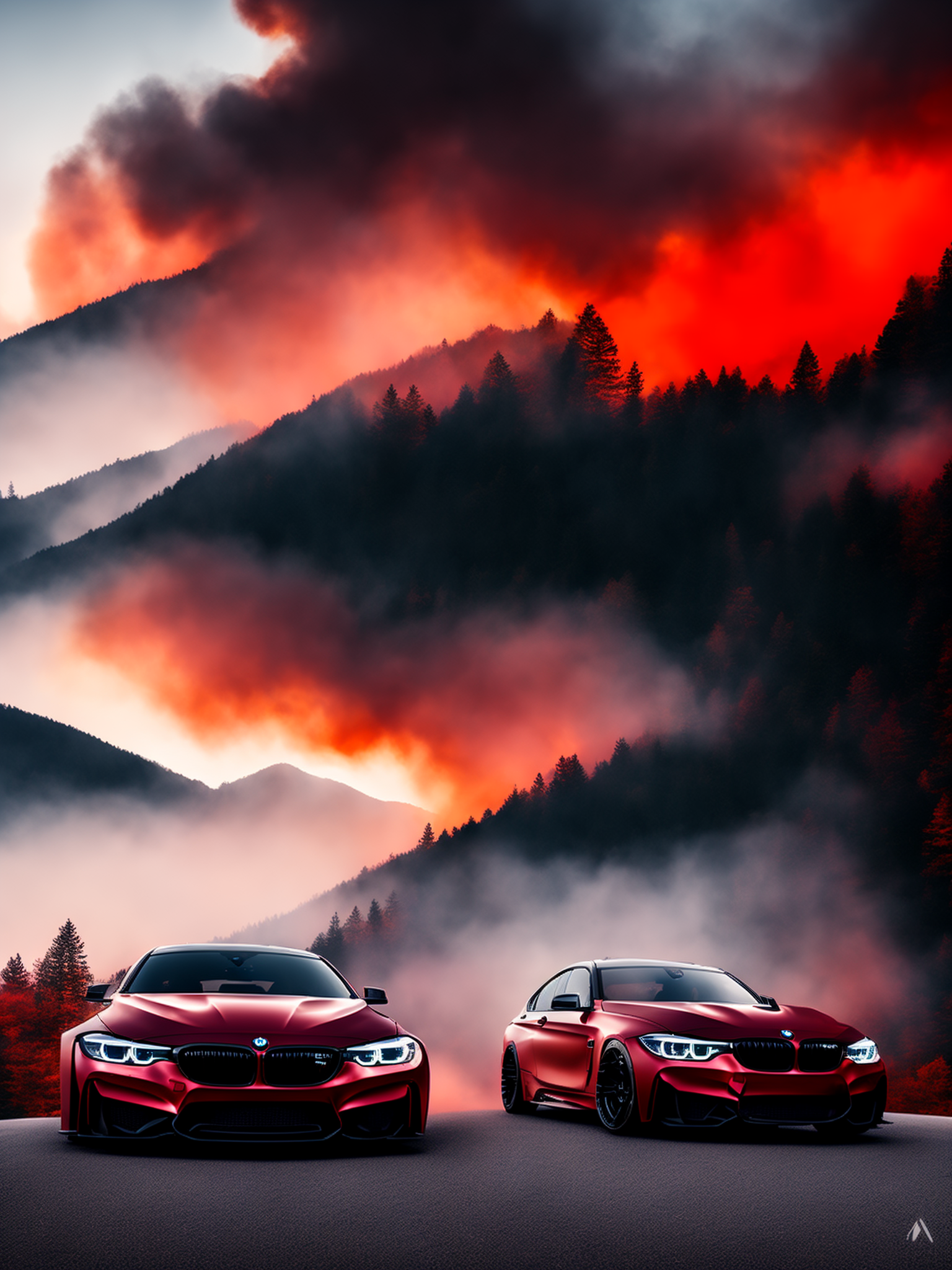 cryptowise: black BMW f11 M tuning in fall forest, mountains in
