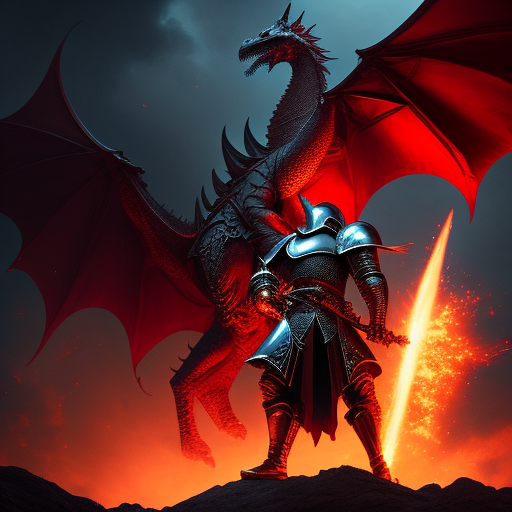 A knight in shining armor slaying a huge red dragon, Dramatic Lighting, Highly detailed, in the style of jean giraud, Cinematic, Greg Rutkowski, goatee
