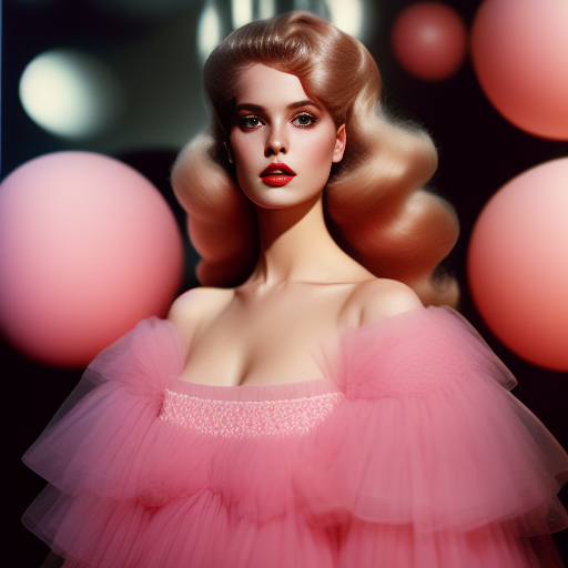 A blonde woman in a billowy cotton candy pink ball gown with a huge skirt. Tiffany & Co. Stores aesthetic. Beautiful face. , self portrait , Unusual, Fashion photography, 70s fashion