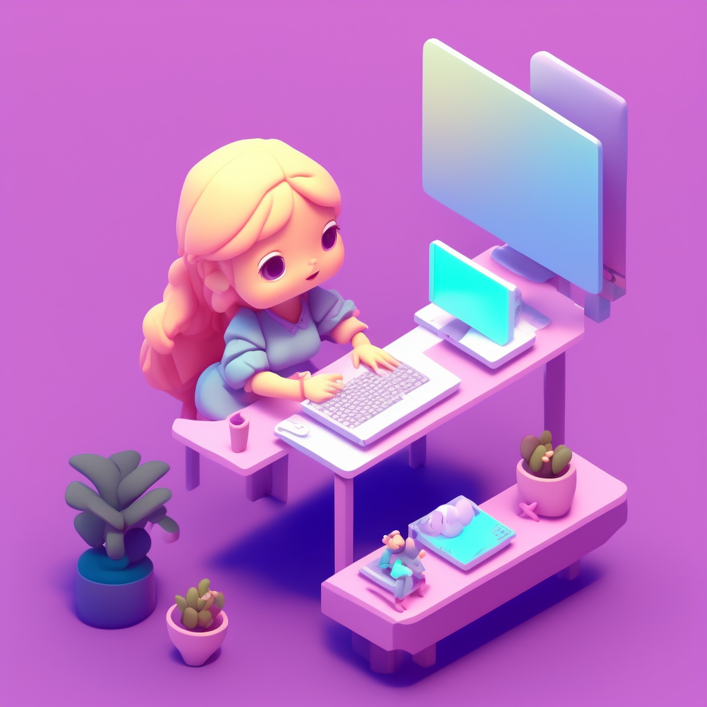 dimwittedyak30 Tiny cute isometric Girl Sitting At Desk With Computer emoji, soft lighting