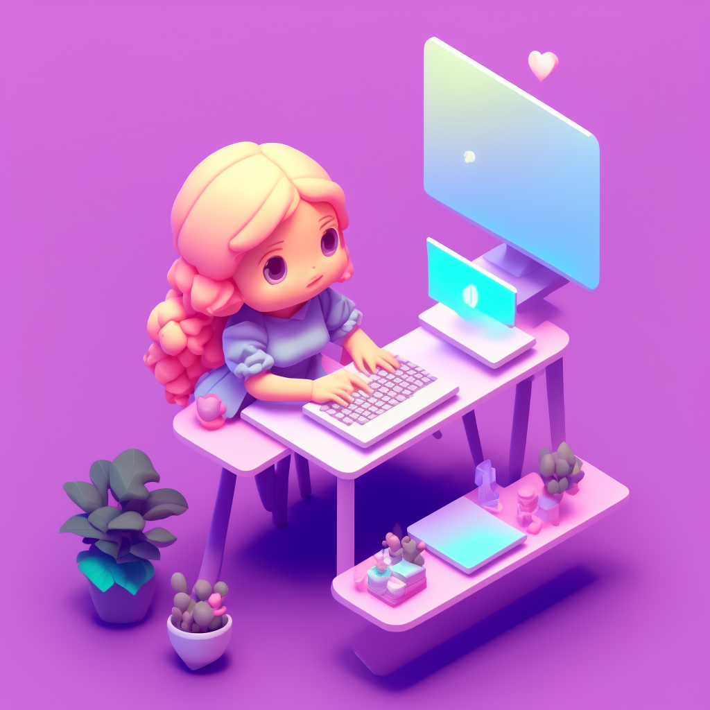 dimwittedyak30 Tiny cute isometric Girl Sitting At Desk With Computer emoji, soft lighting