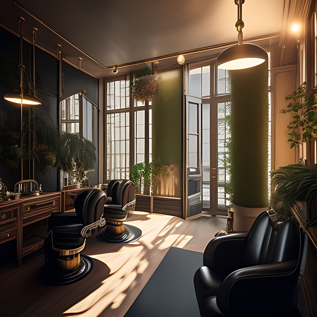 fahadkarssani: barber shop classic design elegant and cosy look with plants  and suspended light and hidden lights in the wall the general colors will  be white walls chairs with mirror and gold