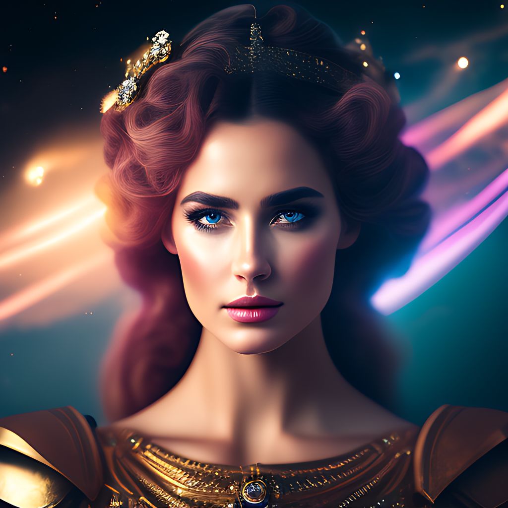 a roman goddess with a beautiful face fighting a battle in outer space., Cinematic, Photography, Sharp, Hasselblad, Dramatic Lighting, Depth of field, Medium shot, Soft color palette, 80mm, Incredibly high detailed, Lightroom gallery