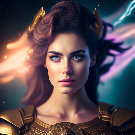 a roman goddess with a beautiful face fighting a battle in outer space., Cinematic, Photography, Sharp, Hasselblad, Dramatic Lighting, Depth of field, Medium shot, Soft color palette, 80mm, Incredibly high detailed, Lightroom gallery