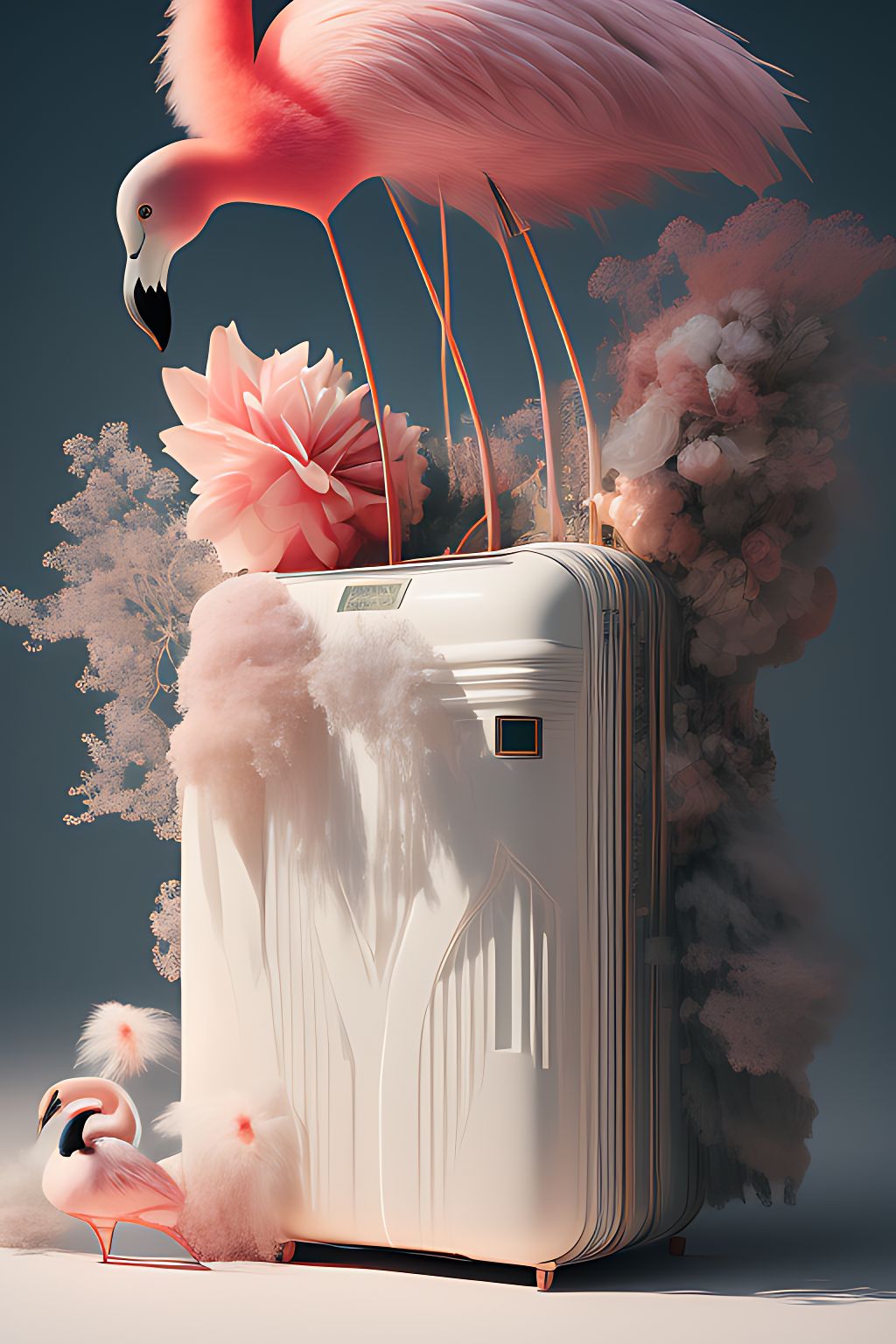 addison: dusty white suitcase with a strange design in a hironimus bosch  garden with surreal flamingos mix with rabbit