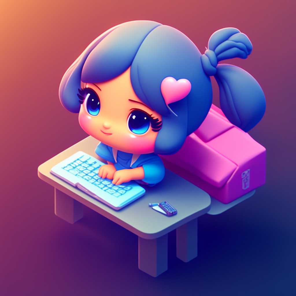 axelhook Tiny cute isometric girl sitting at desk with computer emoji, soft lighting, soft