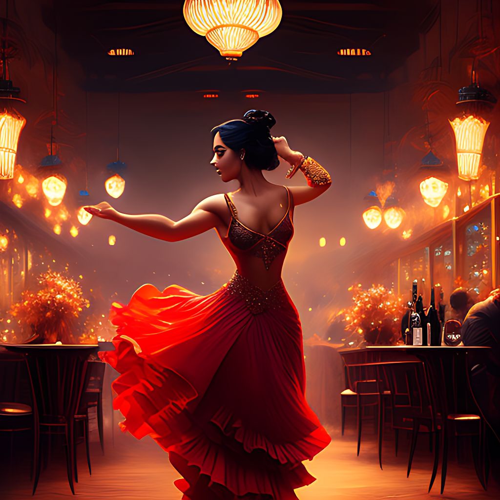 sharonturgeman: Flamenco dancer dancing in a cafe. Dramatic lighting.