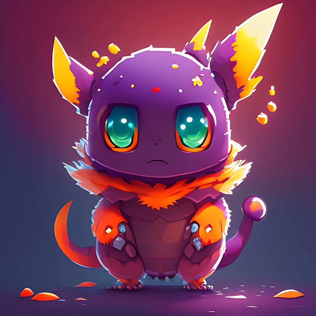 surreal cute video game creature that is done in the style of a pixel pokemon and studio ghibli , purple background, cute orange eyes, anime by greg rutkowski, Loish, Rhads, 