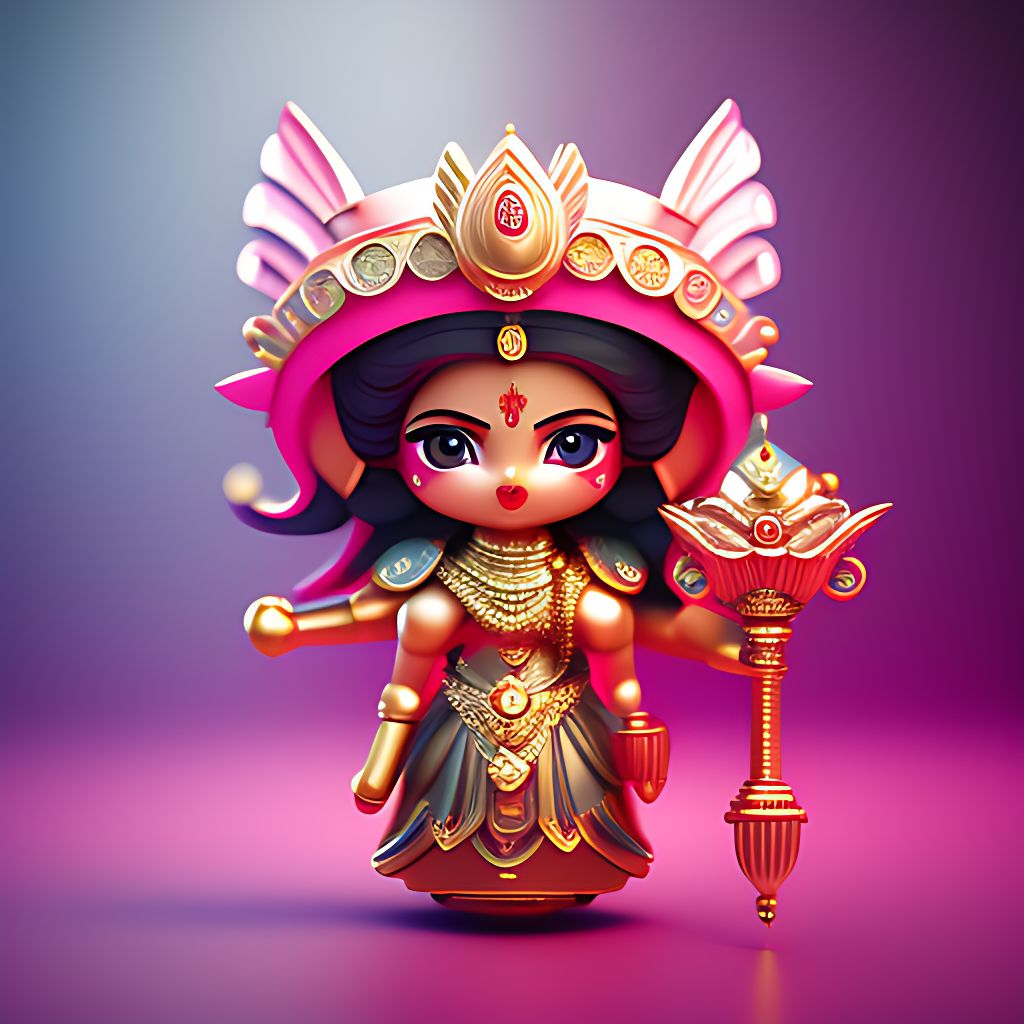 messy-shrew519: Tiny Goddess Durga with 8 hands carrying iron weapons, soft  lighting, soft pastel colors, 3d icon clay render, blender 3d, pastel  background