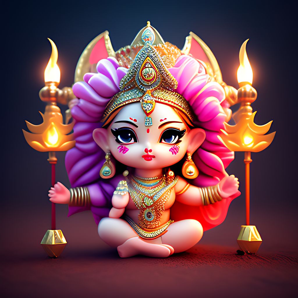 messy-shrew519: Tiny Goddess Durga with trident defeating Mahishasura  Demon, soft lighting, soft pastel colors, 3d icon clay render, blender 3d,  pastel background