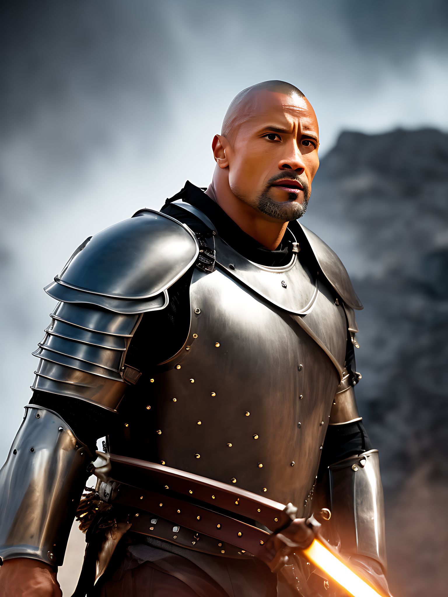 Dwayne 'the rock' johnson in knight armor raising eyebrow