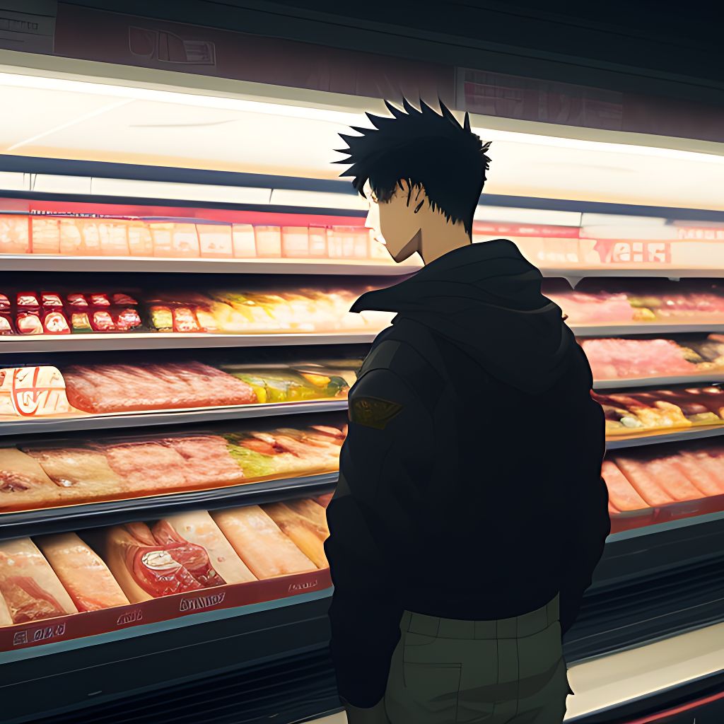 hot-goat200: a teenage boy standing in an empty supermarket looking at  empty shelves evening time anime