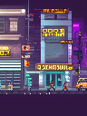 simple, Flat colors, clean png pixel art, game screenshot, (Pixel art), (((Side scroller))), A cyberpunk city at night, 32-bit colors, (((16-bit))), Video game, in-game, decorated street, Pixel, Pixel art, 3d render