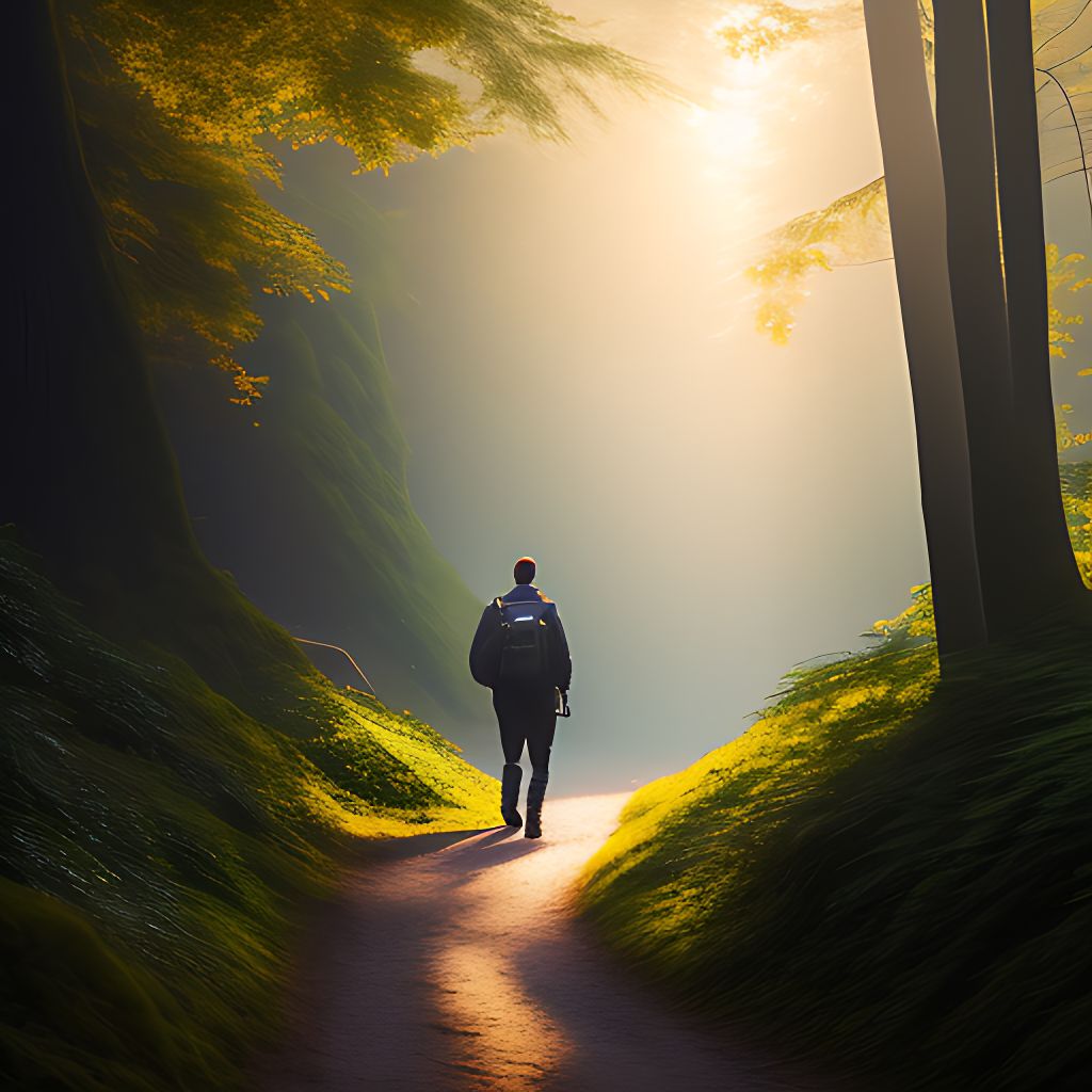 A man walking down a winding path through the forest not knowing what he's looking for , Photorealistic, Render, furaffinity, Detailed, Realistic, HD, 8k, High resolution, Award winning, photograph, Cinematic, dramatic, atmosphere, Volumetric lighting, rays lens flare, Hyperrealism