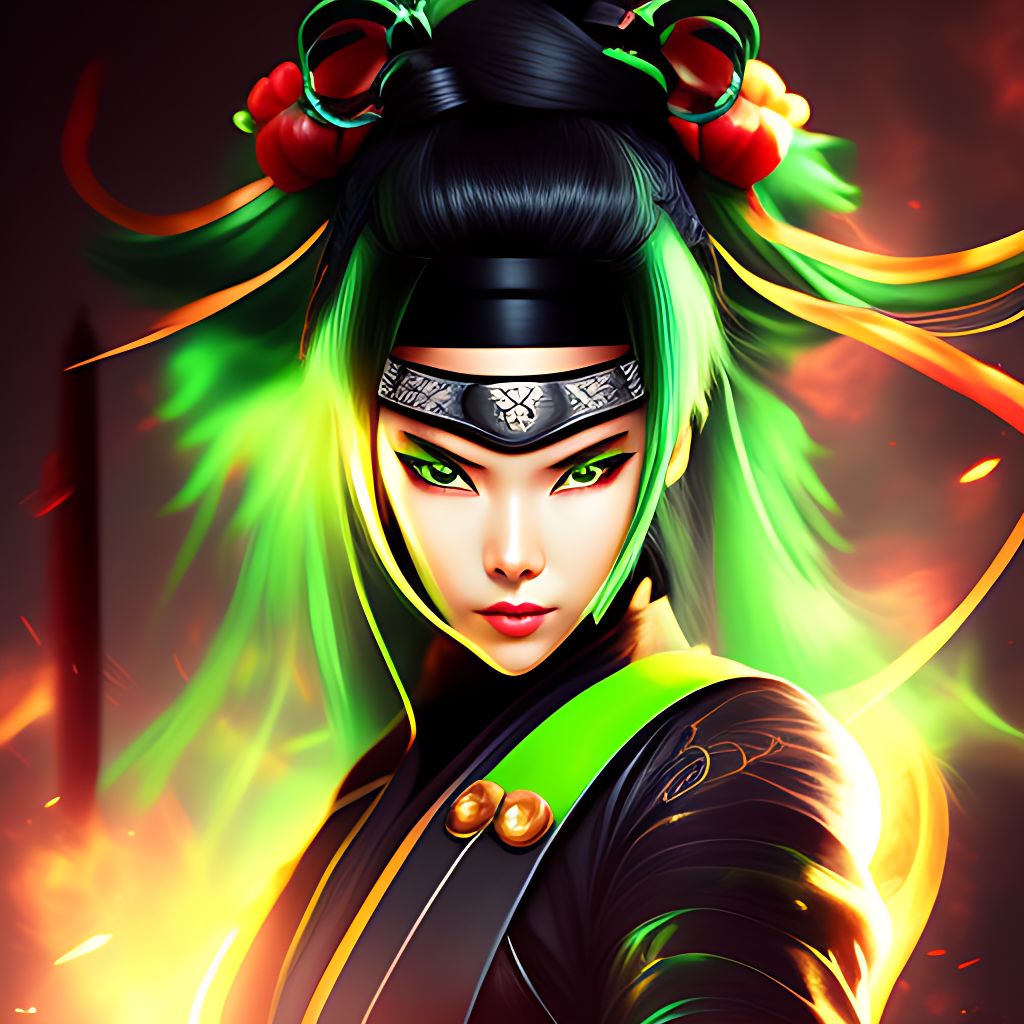 austerejay311 japanese ninja woman with green eyes in dress