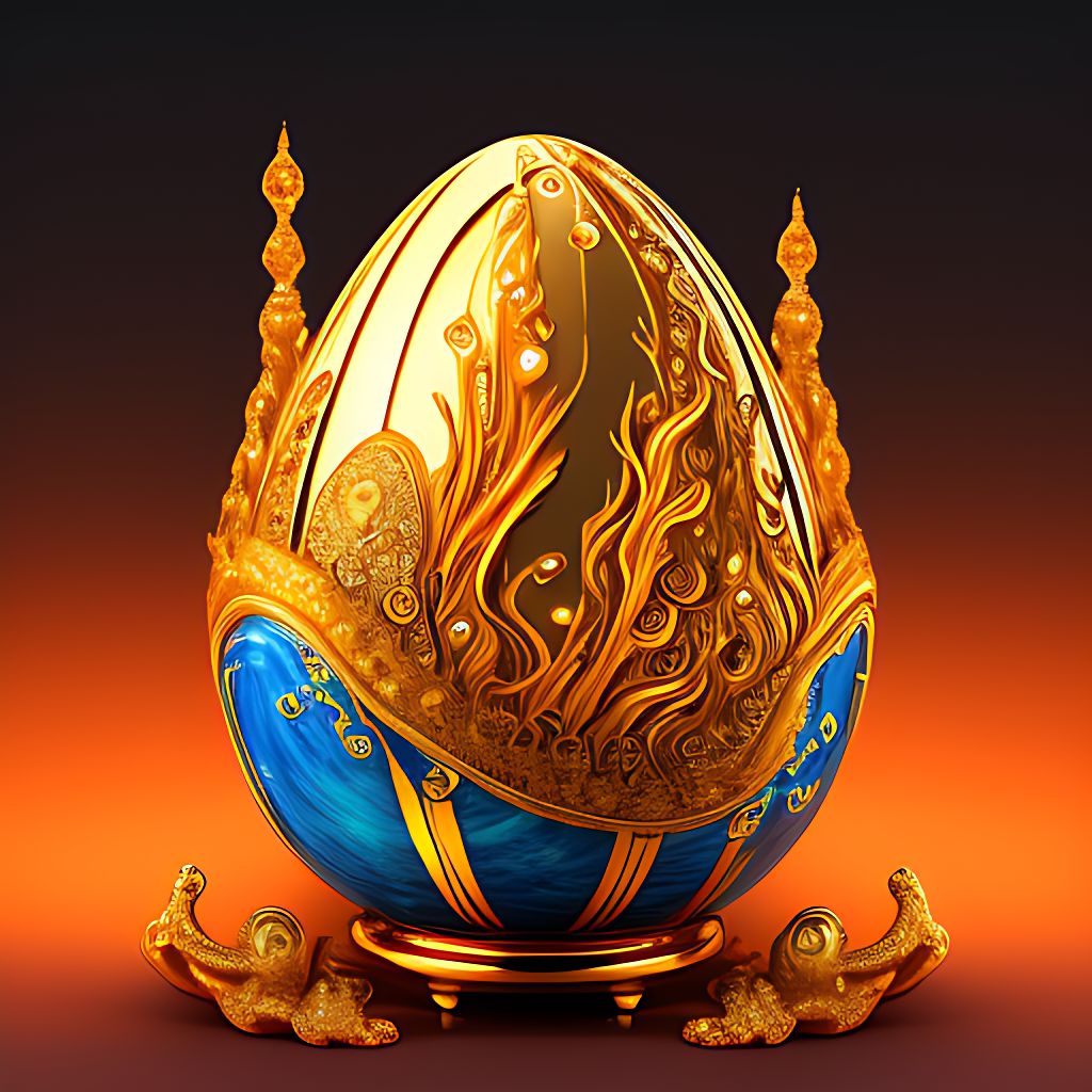 Faberge egg , fluid lifeform, Ornamental wooden carvings, golden fluid, double split complementary colors, ukiyo-e style, Lava, water drops, Stainless steel , highly reflective, Rzminjourney, Rzminjourneyext, Portraithelper, artistic, Art