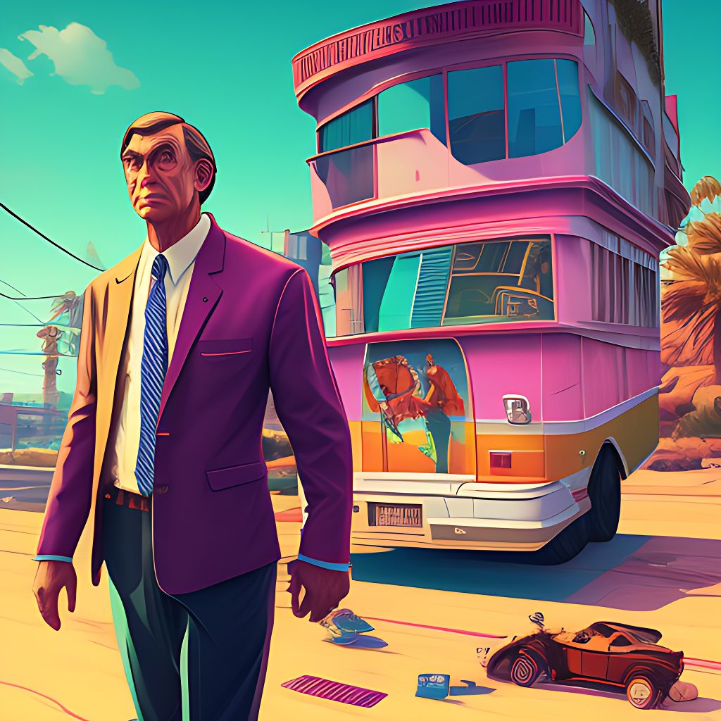 Mr Rogers, Vice city, GTA 5, Cover art, Borderlands style, Celshading, symmetric highly detailed eyes, Trending on Artstation, Rhads, Andreas Rocha, Rossdraws, Makoto Shinkai, Laurie Greasley, Lois van Baarle, Ilya Kuvshinov, Greg Rutkowski