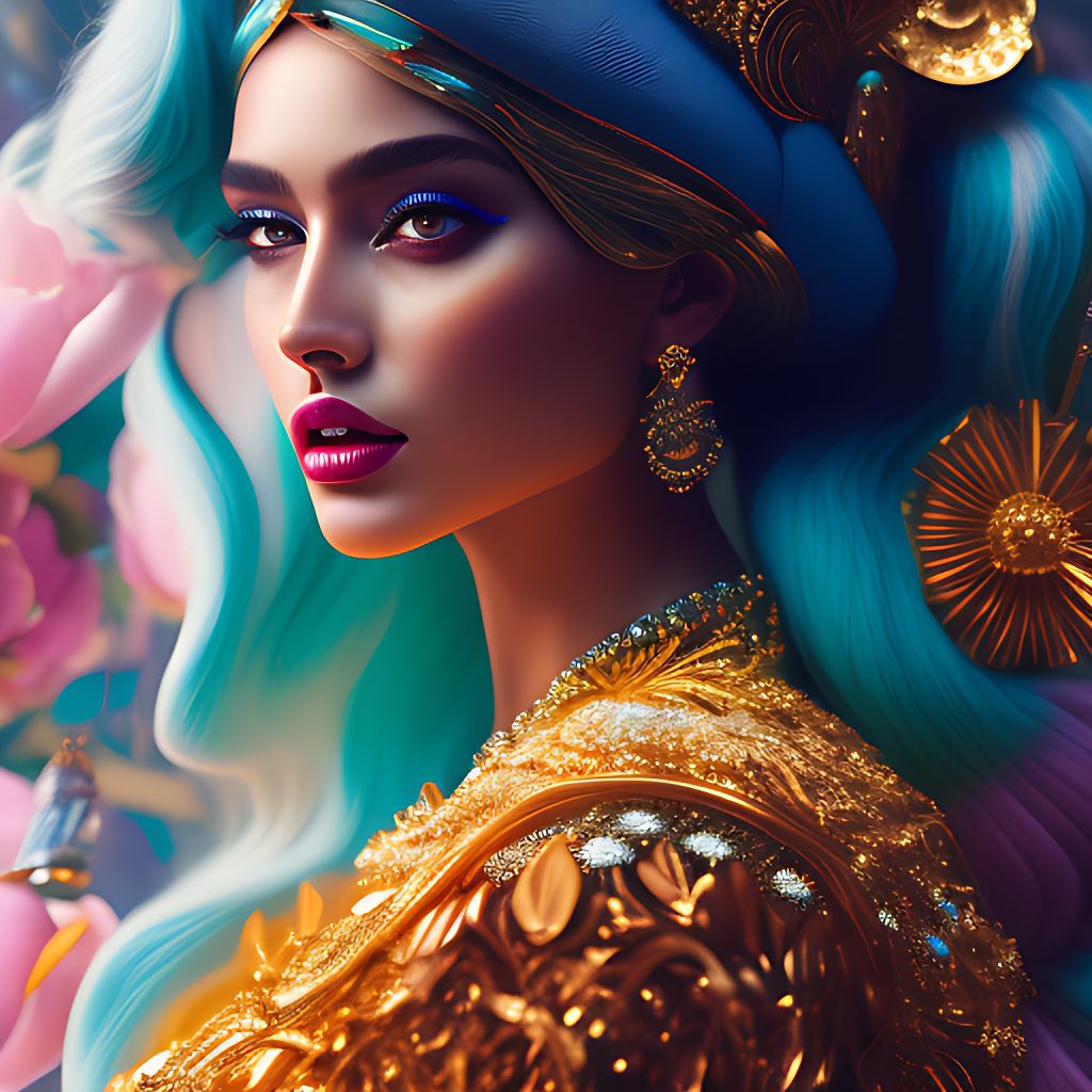 BrightPhoenix: nsfw, buxom woman with almond-shaped eyes, yellow and blue  hair, of Indian descent, wearing a hat that is the shape of an ice cream  cone, surrounded by astrology, nsfw, photorealistic