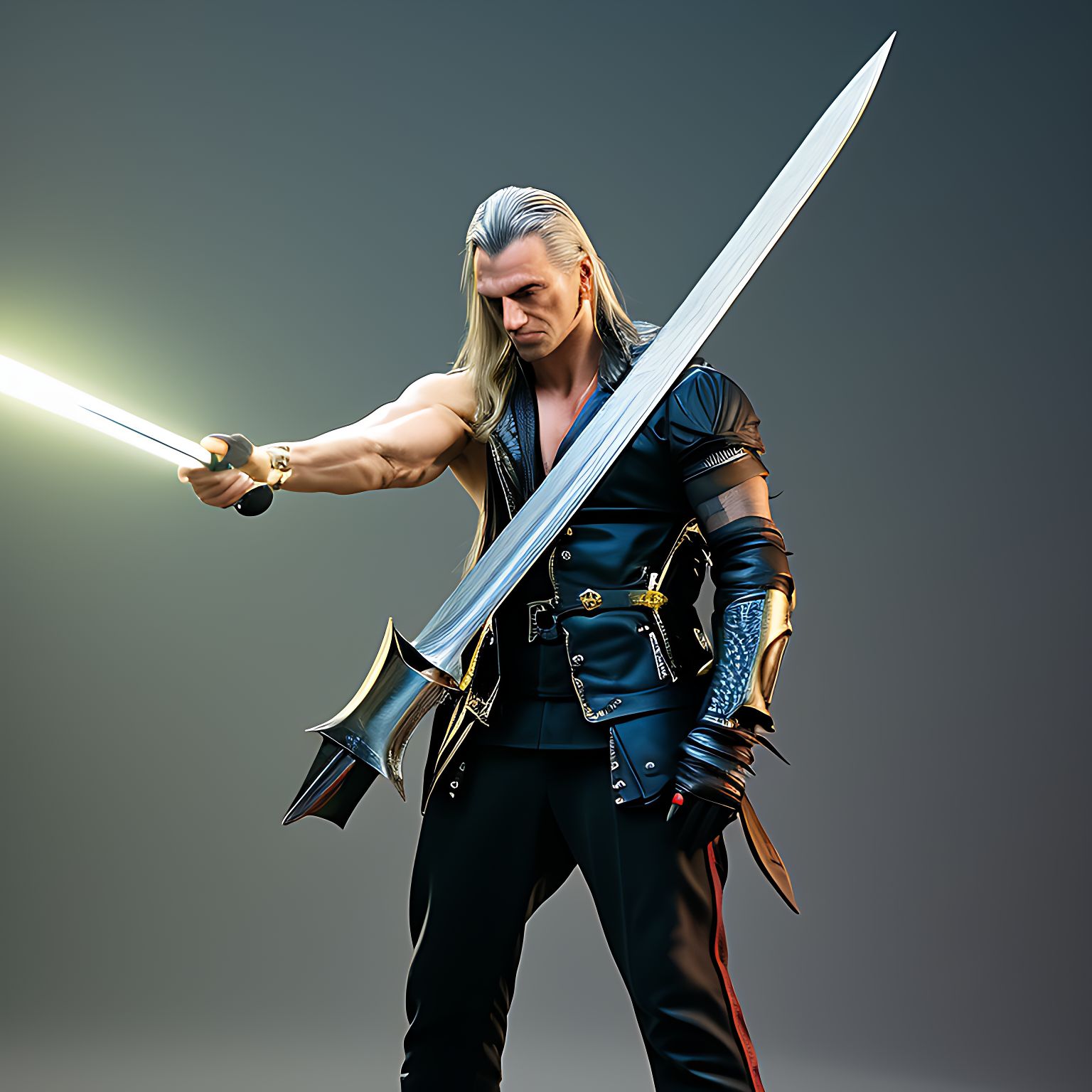 Sephiroth holding a very long sword holding green energy, Cinematic setting, Gradient background, ((insanely dynamic action shot)), Masterpiece, Photorealistic, Ultra realistic, Ultra HDR, Ray tracing, Award winning, 16k resolution, VintageHelper, Vibrant colors, Luxury, Rendered in Cinema4D, Shallow depth of field, Unreal Engine 6, Sigma lens, Hyperrealistic photography, Occult symbol, Victorian era, Full body portrait, 3D photorealism, Big bright eyes, Extremely detailed artwork, Eye-catching, Fantastic realism, Ultra high details