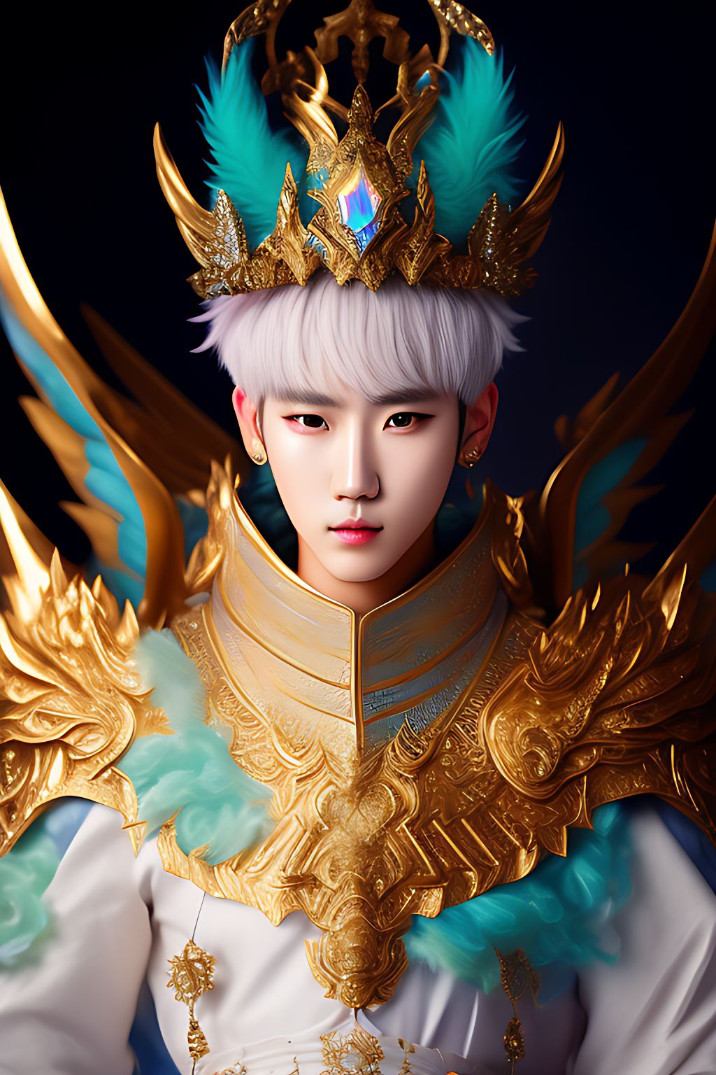 An iridescent kpop Shinee Key kibum as a paladin hero on a white dragon., in his crown surrounded by large white clouds and golden crystals, Highly detailed, Digital painting