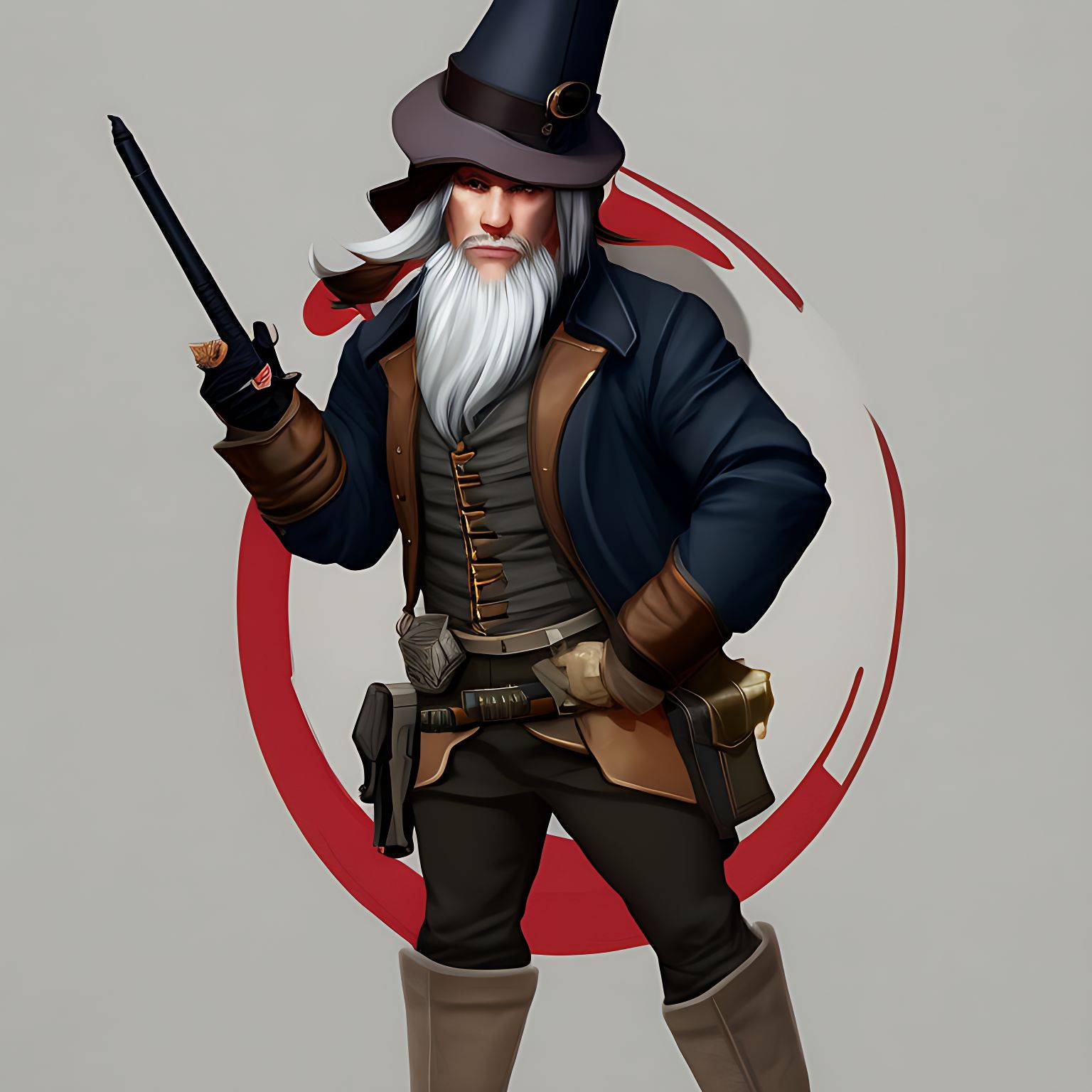dungeons and dragons style male gnome gunslinger with white slicked back hair, eye patch, and a cigar. a honey badger at his feet
, character portrait, Character design, by charlie bowater, Tom Bagshaw, Alphonse Mucha, Greg Rutkowski, Loish, rh