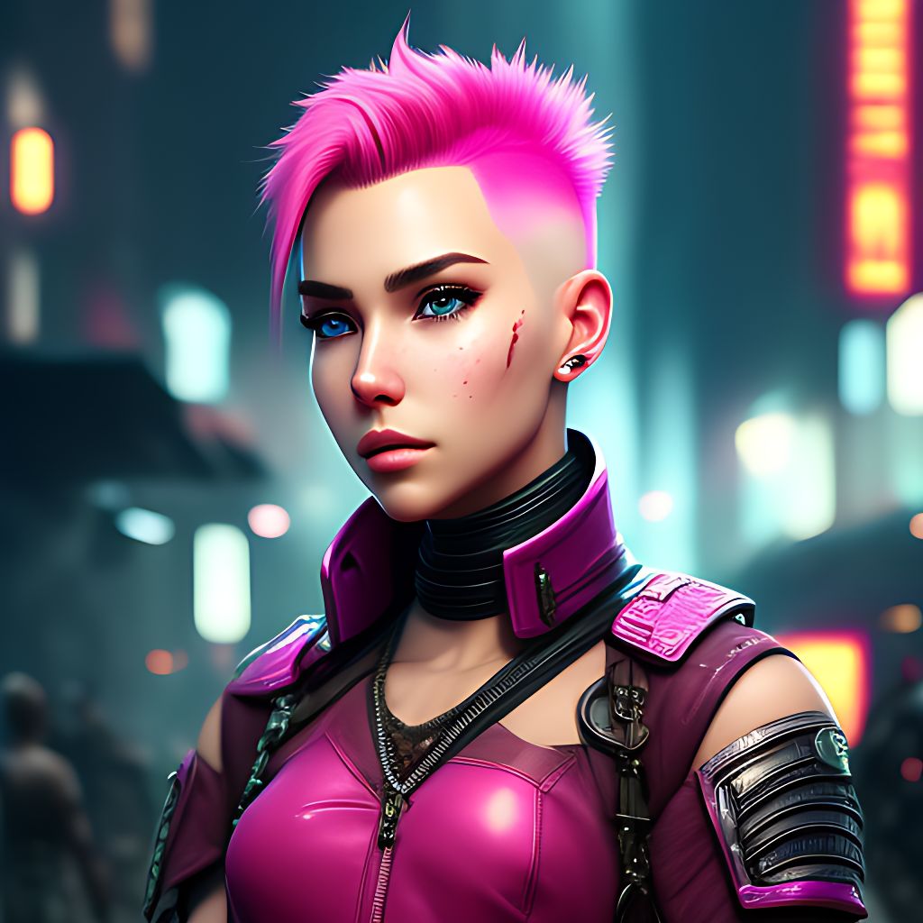 donut: Blonde young adult woman buzz cut pink-dyed hair dirty leather ...