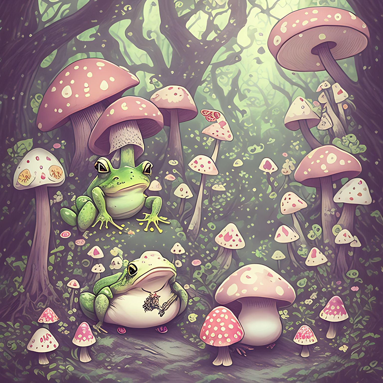 Illustration, a magic frog with a witch hat in the woods with mushrooms, Kawaii art,, Japanese, Kawaii art