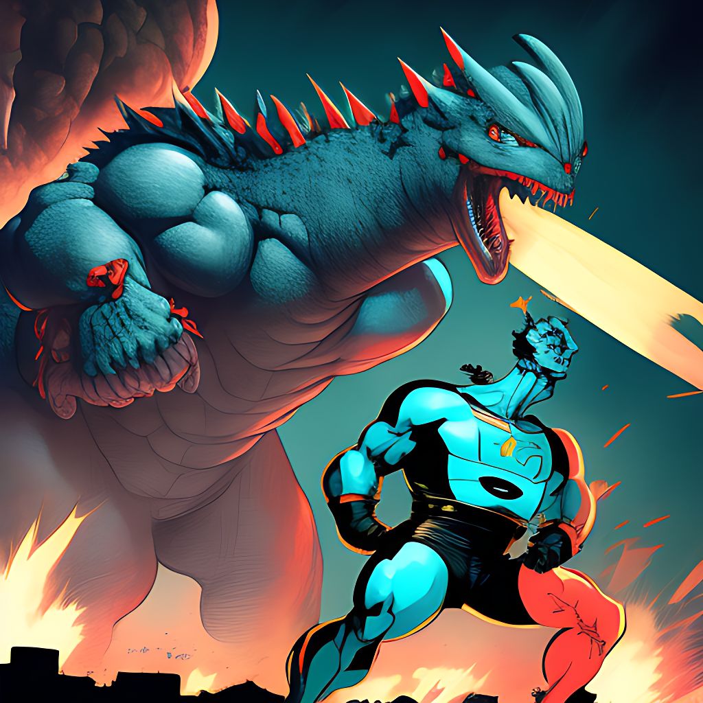 2D, Illustration, Astro boy fighting Godzilla , Graphic novel, Neal Adams, Trending on Artstation, DC comics, 8k