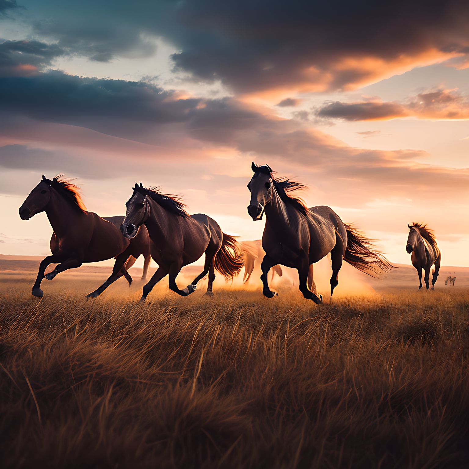 addison: A herd of wild mustangs running through a field at sunset