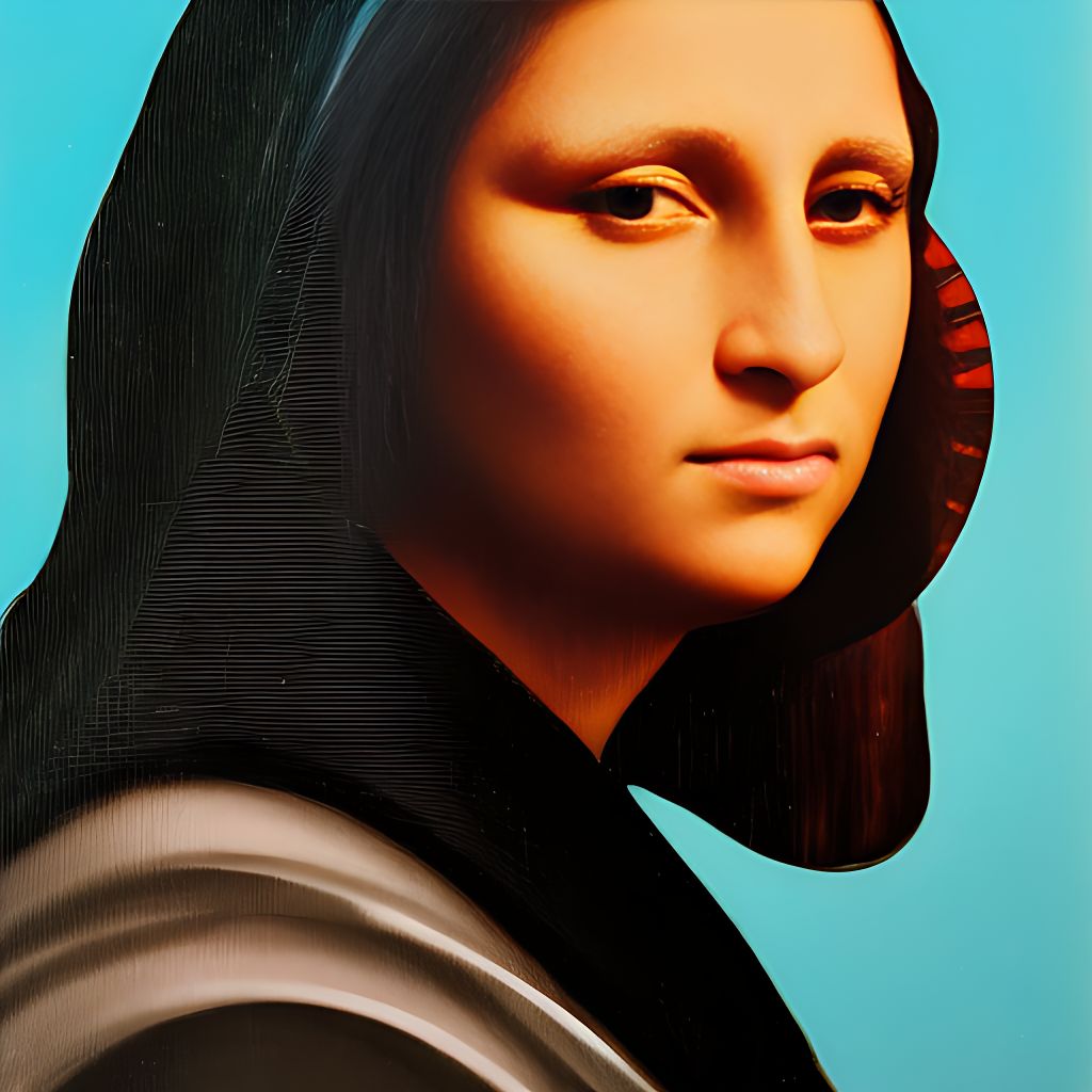 sonialitwin: Picture of mona lisa split in half were left half of the face  is human and right half is a cyberpunk robot with bionic elements.