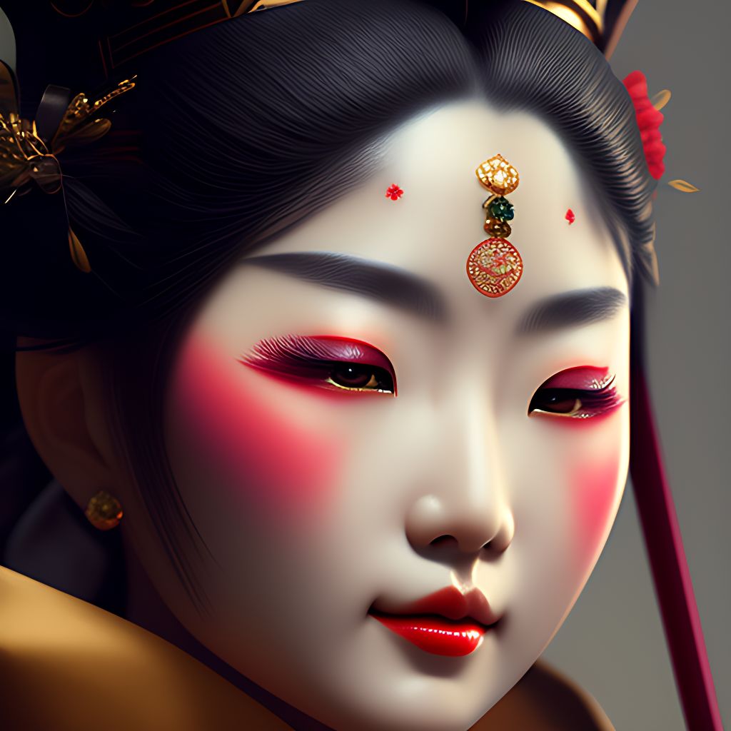 japanese geisha face close up, award winning photo, Digital art, Concept art, Digital painting, Artstation, Sharp focus, Illustration, very coherent, high quality eyes good quality