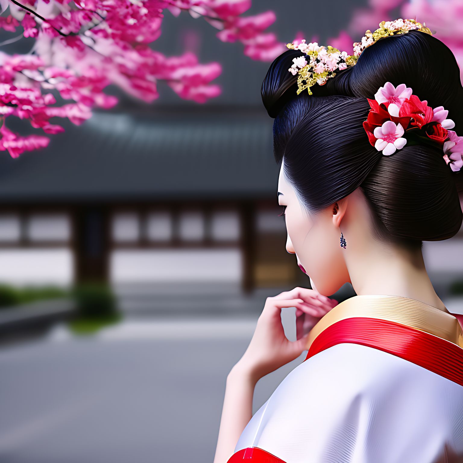 japanese geisha sakura blossoms on the kimono , award winning photo, Digital art, Concept art, Digital painting, Artstation, Sharp focus, Illustration, very coherent, high quality eyes good quality