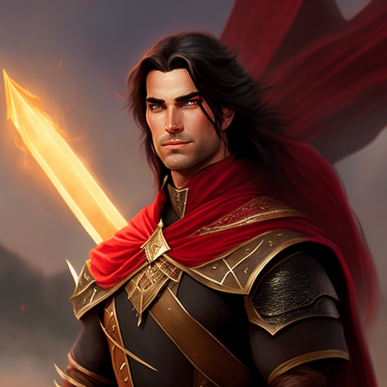 Male Tiefling Warrior with light red skin and long dark hair. He has short horns. Wearing armor, he has short horns, wearing armor and a bow in a chest, Full body, Realistic, Highly detailed, in the style of ralph horsley, 8