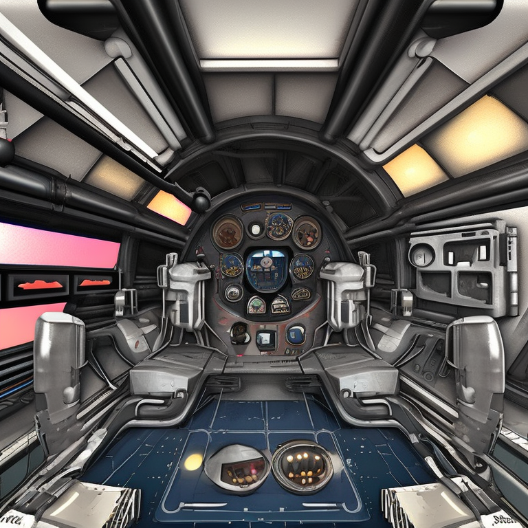 Hyperrealism, Hyper detailed, Cute, Sci-fi, 3D, Spaceship cockpit interior, point of view, Simple, Icon, Popular on Dribbble, Dieselpunk, High-end, Realistic textures, Centered